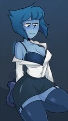 1girls big_breasts black_skirt blue_female blushmallet bra breasts cartoon_network cleavage female female_only garter_straps gem_(species) hourglass_figure lapis_lazuli_(gem) lapis_lazuli_(steven_universe) large_breasts short_blue_hair skirt solo steven_universe thighhighs thighs