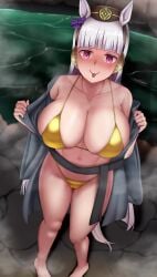 1girls animal_ears bikini black_robe blush bow breasts brown_hat cleavage commentary_request ear_bow female full_body gold_bikini gold_ship_(umamusume) grey_hair hat highres horse_ears horse_girl horse_tail large_breasts long_hair navel newbienoodles onsen outdoors pillbox_hat purple_bow purple_eyes robe smile solo stomach swimsuit tail tongue tongue_out umamusume