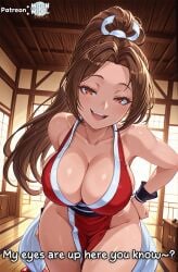 ai_assisted ai_generated bare_legs bare_shoulders bare_thighs big_breasts breasts brown_eyes brown_hair comic curvy curvy_body curvy_female fatal_fury female female_focus female_only huge_breasts king_of_fighters large_breasts leaning_forward long_hair looking_at_viewer mai_shiranui moonwool_branch ponytail seductive seductive_eyes seductive_look seductive_mouth seductive_pose seductive_smile smile smiling snk solo solo_female solo_focus talking thick_ass thick_thighs thighs uncensored