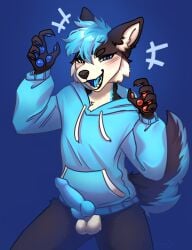 2024 animal_genitalia animal_penis anthro balls black_body black_claws black_fur blue_background blue_clothing blue_eyes blue_hair blue_hoodie blue_markings blue_mouth blue_pawpads blue_tongue blue_topwear bottomless canid canine canine_genitalia canine_penis canis claws clothed clothing colored digital_drawing_(artwork) digital_media_(artwork) domestic_dog erection fur genitals hair hi_res hoodie hoodie_only husky inner_ear_fluff knot knotted_penis konejo looking_at_viewer male mammal markings nordic_sled_dog open_mouth pawpads penis red_eyes red_pawpads shaded short_hair simple_background smug solo spitz tail tongue topwear topwear_only tuft white_body white_fur