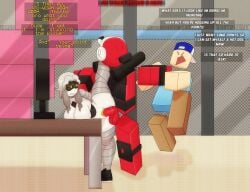 1girls 2boys abrahamslapper against_table balls blocky_body breasts civilian_(die_of_death) crossover cyn_(murder_drones) die_of_death_(roblox) duo duo_focus english_text high_resolution killdroid_(die_of_death) male/female murder_drones nude_female penis public_sex pussy roblox roblox_game robloxian robot robot_girl robot_on_robot sex standing standing_on_one_leg standing_sex tagme talking_to_another taunt_(die_of_death) text text_box thighs vaginal_penetration