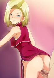 android_18 ass back bare_arms bare_legs blonde_hair blue_eyes blush bob_cut breasts censored china_dress chinese_clothes clothed_female_nude_male dragon_ball dragon_ball_z dress earrings female gradient_background highres hoop_earrings kaiga legs looking_back mosaic_censoring no_panties parted_lips penis pussy_juice sex short_hair simple_background sleeveless smile solo_focus standing thighs vaginal_penetration wet