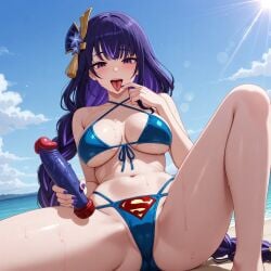 1girls ai_assisted ai_generated bikini bikini_bottom bikini_top blue_bikini breasts crossover dc dc_comics dildo female hair_ornament lewd looking_at_viewer pose posing purple_eyes purple_hair raiden_shogun sexy soaked solo solo_female solo_focus superman superman_(cosplay) superman_(series) superman_logo themed_clothes thick_thighs thighs tongue tongue_out