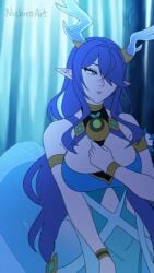 animated blue_hair flashing_breasts genshin_impact gif horns huge_breasts lauma_(genshin_impact) nichiroart