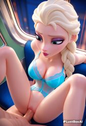 1boy 1boy1girl 1girls ai_generated artist_name blonde_hair blue_bra blue_eyes bottomless bra braid breasts cleavage corset disney disney_princess elsa_(frozen) eyeshadow female frozen_(film) frozen_2 hair_over_shoulder hi_res lingerie lipstick long_hair looking_down lustboxai makeup medium_breasts navel patreon_username penis pussy pussy_juice sex single_braid solo_focus spread_legs straight uncensored underwear underwear_only vaginal_penetration vaginal_sex watermark web_address window