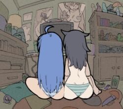 2girls after_sex amlogamer black_hair blue_hair breasts butt dildo female izumi_konata konata_izumi kuroki_tomoko light-skinned_female lucky_star panties_only pantsu_ripper pasties playing_videogame poster sex_toy sitting sitting_on_floor topless topless_female vibrator viewed_from_behind watashi_ga_motenai_no_wa_dou_kangaetemo_omaera_ga_warui! yuri