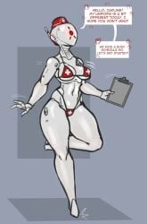 1girls ai_assisted artlegionary bikini breasts edit edited english_text hat hips holding_object medium_breasts midriff navel nurse robot robot_girl simple_background suture_(artlegionary) text thick_thighs thighs third-party_edit