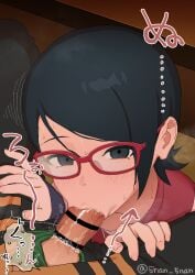 1boy 5_nan_(5nan_5nan) arrow_(symbol) bar_censor black_hair blush boruto:_naruto_next_generations censored clothed_sex cock_worship commentary_request fellatio female fingernails glasses highres looking_at_another messy_hair naruto_(series) oral penis penis_grab pov red-framed_eyewear saliva sarada_uchiha speech_bubble straight sweat translation_request twitter_username uchiha_sarada under_the_table uzumaki_naruto veins veiny_penis younger_female