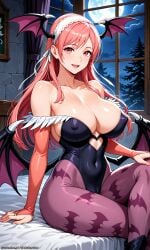 ai_generated bat_wings breasts bridal_gauntlets capcom cherche_(fire_emblem) covered_navel darkstalkers female fire_emblem fire_emblem_awakening head_wings headband huge_breasts leotard long_hair low_wings mature_female milf morrigan_aensland morrigan_aensland_(cosplay) nintendo pantyhose pink_eyes pink_hair pixai skin_tight tagme wings