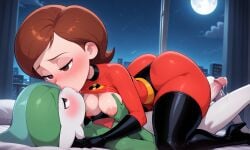 1boy 1boy1girl ai_generated ass black_gloves bodysuit boots breasts brown_eyes brown_hair crossover cum disney domino_mask eastern_and_western_character elastigirl eye_contact fellatio female female_human/male_pokemon female_on_top gallade gloves half-closed_eyes helen_parr holding_breast kissing lying_on_bed medium_breasts nintendo penis pixar pokemon pokephilia short_hair sperm superhero superheroine the_incredibles the_incredibles_2 thighhighs