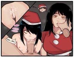 2d 2d_(artwork) 2koma 3girls anus black-haired_female black_hair black_hair_female blowjob blush bottomless_female breast brown-haired_female brown_hair brown_hair_female chainsaw_man christmas_clothing christmas_hat christmas_outfit cum cum_in_ass disembodied_hand fellatio finger_in_mouth higashiyama_kobeni long-haired_female long_hair long_hair_female mitaka_asa mole mole_on_face mole_under_eye nayuta_(chainsaw_man) onomatopoeia oral penis penis_in_mouth penis_tip_in_mouth penis_vein pov pussy scars_on_face sucking_penis sucking_penis_tip sucking_tip text thumb_in_mouth topless_female vagina yoru_(chainsaw_man) zero_dead_zone