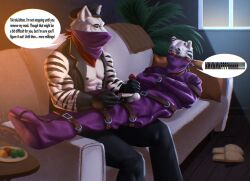 2025 anthro balls bondage bound buckle canid canine canis clothing dialogue digital_media_(artwork) duo english_text erection felid footwear fully_bound furniture genitals gloves guyinvintageclothes handjob handwear hat headgear headwear hi_res inside kerchief leather leather_clothing leather_gloves leather_handwear leather_topwear leather_vest lying lying_on_partner male male/male male_anthro mammal muscular muscular_male nipples on_lap orgasm_torture pantherine partially_clothed_male penile pillow sex shaded shoes sitting sleepsack slippers sofa text tiger topwear vaurien vest window wolf