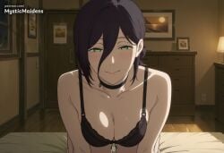 ai_generated all_fours anime anime_style artist_name bare_shoulders bed bedroom black_bra black_choker black_hair blush bra breasts chainsaw_man choker cleavage closed_mouth collarbone female green_eyes hair_between_eyes hair_bun hentai hi_res indoors lamp looking_at_viewer medium_breasts mystic_maidens on_bed panties patreon patreon_username reze_(chainsaw_man) short_hair single_hair_bun smile solo underwear underwear_only