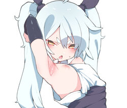 ahoge arched_back armpits arms_up blush eyes_visible_through_hair female flat_chest highres inverted_nipples kz_oji long_hair nipples oerba_yun_fang open_mouth original short_eyebrows simple_background solo sweat teeth tongue twintails upper_body white_bag white_hair yellow_eyes