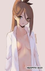 1girls 2d 2d_(artwork) 2d_artwork belly belly_button black_hair_ribbon black_hair_tie black_ribbon breasts breasts_apart brown-eyed_female brown-haired_female brown_eyes brown_hair collarbone digital digital_art digital_drawing digital_drawing_(artwork) digital_media digital_media_(artwork) eyebrows_visible_through_hair female female_focus female_only hair_between_eyes hair_ribbon hair_tie half_naked half_nude head_tilt inframammary_fold lean_figure long_hair looking_at_viewer medium_breasts midriff naked naked_female naked_shirt naked_woman narrow_waist navel nude nude_female nudity oc open_clothes open_clothing open_shirt open_topwear original original_art original_artwork original_character parted_bangs ponytail ribbon semi_nude shirt shoulders simple_background skeptycally slender_body slender_waist slim_waist solo standing tilted_head unbuttoned unbuttoned_shirt upper_body white_background white_shirt white_topwear