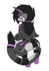 anthro belly big_belly cheetah collar feline female glitch(evir) looking_at_viewer looking_back mammal sharp_teeth solo teeth tongue tongue_out vore voregence