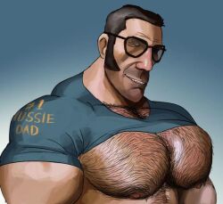 bara barazoku breast_hair buff burly chest chest_hair lifted_shirt man_boobs muscular nipples no_genitals older_male pecs sniper_(team_fortress_2) solo solo_male stubble sun_glasses tagme team_fortress_2 tick_tock_meme