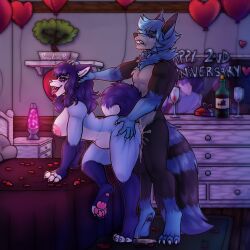 anniversary anthro blue_body blue_fur bodily_fluids canid canine canis claws cum cum_drop cum_inside danny_panny_pie doggy_style duo feet female from_behind_position fur genital_fluids hair hand_in_butt hand_in_hair hi_res hindpaw inflation male male/female mammal mirror mirror_reflection nipple_piercing nipples paws piercing reflection romantic romantic_sex saliva sex teeth tongue tongue_out touching_hair wolf