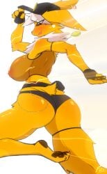 1girls :p anthro arm_strap ass bare_shoulders barefoot black_eyes black_sclera blush breasts ear_piercing earrings eeveelution electricity fatelogic female fingerless_gloves furry gloves hat highres impossible_clothes impossible_shirt jolteon looking_at_viewer looking_back necklace nintendo pokemon running see-through short_shorts shorts sideboob simple_background smile solo tail tongue_out white_background