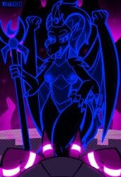 absurd_res anthro areola black_body blue_body blue_fur breasts comic_panel crown dark_queen_(iestraig) demon demon_dragon digital_media_(artwork) dragon duo female fur genitals glowing glowing_body glowing_horn glowing_outline hair headgear hi_res horn looking_at_viewer lustragon male male/female mythological_creature mythological_scalie mythology nipples nude obsidian_(iestragon) open_mouth queen royalty scalie solo_focus staff tail vulva wings