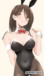 1girls 2d 2d_(artwork) 2d_artwork arm_behind_back belly belly_button big_breasts black_bunny_ears black_bunnysuit black_hairband black_leotard black_topwear bowtie breasts brown-eyed_female brown-haired_female brown_eyes brown_hair brown_legwear brown_pantyhose brown_stockings brown_tights bunny_ears bunnygirl bunnygirl_outfit bunnysuit busty busty_female busty_girl cleavage closed_mouth_smile collar collarbone digital digital_art digital_drawing digital_drawing_(artwork) digital_media digital_media_(artwork) elbows female female_focus female_only fingers groin hand_behind_back happy head_tilt high_resolution highres hourglass_figure inguinal_crease inguinal_ligament large_boobs large_breasts lean_figure legwear leotard light_smile long_hair midriff narrow_waist navel oc original original_art original_artwork original_character pantyhose parted_bangs posing posing_for_the_viewer red_bowtie shoulders simple_background skeptycally slender_body slender_waist slim_waist smile smiley_face smiling solo standing thigh_gap tights tilted_head topwear upper_body white_background white_collar white_wrist_cuffs wide_hips wrist_cuffs