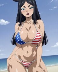 1female 1girls ai_generated american_flag_bikini beach bikini black_hair fairy_tail female female_only green_eyes hi_res high_quality high_resolution hires looking_at_viewer minerva_orlando solo solo_female tagme