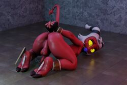 3:2 3d_(artwork) absurd_res anus ass ass_up backsack ball_gag balls big_butt bondage bound brinsar chained chains clothing cuff_(restraint) demon demon_humanoid digital_media_(artwork) erection feet fingerless_gloves freckles gag gagged genitals gloves hair handcuffs hands_behind_back handwear hellaverse helluva_boss hi_res hooves horn humanoid humanoid_genitalia humanoid_penis imp looking_at_viewer looking_back male male_humanoid metal_cuffs moxxie_(helluva_boss) nude penis perineum presenting red_body red_genitals red_penis red_skin restraints shackles solo spade_tail submissive tail white_hair yellow_eyes yellow_sclera
