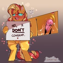 animal_ears blonde_hair blush bodily_fluids clitoris cold-blooded-twilight dialogue english_text equestria_girls equid equine eyelashes female feral genital_fluids genitals hair hasbro heart-shaped_pupils hi_res hooves horn hypocrite mammal multicolored_hair my_little_pony mythological_creature mythological_equine mythology orange_body pupils quadruped red_hair smile solo sunset_shimmer_(eg) sweat tail text thick_thighs unicorn vaginal_fluids