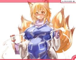 animal_ears blonde_hair blush breasts commentary_request drooling female fox_ears fox_tail furry hand_on_own_chest huge_breasts kitsune lactation lactation_through_clothes multiple_tails pregnant projectile_lactation ran_yakumo sachito short_hair solo tail touhou white_background yakumo_ran yellow_eyes