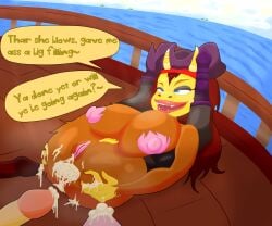 anal_gape big_ass big_breasts big_lips big_mouth_(tv_series) blue_eyes brown_fur connie_(big_mouth) connie_lacienega cum cum_in_ass dialogue excessive_cum hormone_monstress milomotis peg_leg pirate pirate_hat red_hair yellow_skin