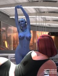 2girls asari black_panties blue-haired_female blue_skin clothed_female_nude_female daz_studio female female_only femshep liara_t'soni mass_effect nude nude_female panties red_hair stjude90 stretching