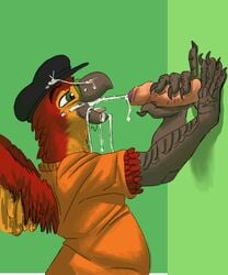 anthro avian bird claws clothing conure cum cum_in_mouth cum_inside cum_on_clothing cum_on_face delta_the_conure faceless_male foreskin glory_hole green_eyes hat humanoid_penis interspecies male male_only open_mouth parrot penis shirt tongue tongue_out unknown_artist