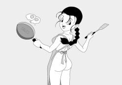apron apron_only ass black_hair braid braided_ponytail commentary_request cooking dragon_ball dragon_ball_z ear_piercing egg female fried_egg frying_pan highres holding holding_spatula looking_back naked_apron open_mouth piercing ponytail smile solo spatula velberto videl
