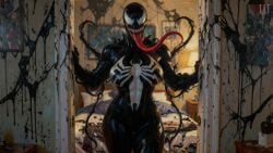 ai_assisted ai_generated bedroom black_skin black_suit female large_breasts long_tongue marvel marvel_comics sharp_teeth she-venom spider-man_(series) standing_in_doorway symbiote symbiote_suit tendrils tripleize venom_(marvel) wallpaper watermark white_eyes