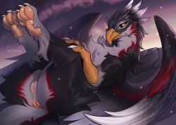 2026 ass avian beak claws digital_drawing_(artwork) digital_media_(artwork) feathers feet female feral fingers fur genitals gryphon hi_res lying mythological_avian mythological_creature mythology on_back pawpads paws rear_view smile solo tail tlt_echelon toes vulva wings