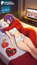2026 2girls ai_assisted ai_generated anime artist_name bed bed_sheet box chocolate elf explicit fern_(sousou_no_frieren) frieren frieren_beyond_journey's_end gift gift_box green_eyes heart-shaped_chocolate hi_res high_quality high_resolution highres indoors long_hair navel on_bed patreon patreon_username pointy_ears purple_hair shorts skypassion sousou_no_frieren stable_diffusion valentine valentine's_day watermark yuri
