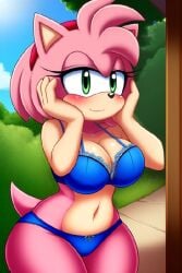 ai_generated amy_rose big_breasts blush bra hands_on_face mobians.ai no_watermark panties sega sonic_(series) sonic_the_hedgehog_(series) wide_hips