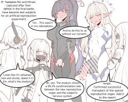 5girls :d absurdres animal_penis black_hair blindfold blue_archive blush bodysuit breasts censored covered_navel crossed_arms ear_ornament ein_(blue_archive) english_text flaccid futanari halo highres himari_(armed)_(blue_archive) himari_(blue_archive) horse_penis large_breasts long_hair mask multiple_girls navel ohr_(blue_archive) penis physisyoon pointy_ears rio_(armed)_(blue_archive) rio_(blue_archive) short_hair simple_background small_breasts smile sof_(blue_archive) testicles toki_(blue_archive) twintails white_hair