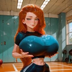 1girl, ai_generated animated at ball, blue blush, breasts, clothes crop double dumbbell, eyes, green gym, hair, huge indoors, kim_possible lips, long looking midriff, navel, orange pants, shirt, short sleeves, smile, solo, sportswear, sweat, tagme taut top, trinity_vermilion v, video viewer, window,