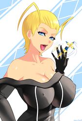 big_breasts black_coat breasts cleavage clothing coat female female_only huge_breasts kingdom_hearts large_breasts larxene looking_at_viewer nipples nobody_(kingdom_hearts) open_mouth outerwear solo sowilo