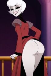 ai_generated balcony flashing hazbin_hotel red_dress rosie_(hazbin_hotel) sharp_teeth smirking white_hair white_thong