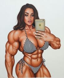 abdominals abigail_ratchford big_breasts big_muscles bikini black_and_white brown_hair huge_boobs huge_breasts huge_muscles iphone large_boobs large_breasts large_muscles muscular muscular_female painted_nails selfie selfie_pose vascular_arms vertical_stripes