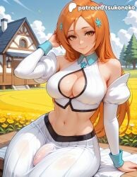 1futa 2026 ai_assisted ai_generated anime artist_name bare_shoulders bleach bleach:_the_thousand-year_blood_war blue_sky breasts bust cleavage clothing_cutout cloud detached_sleeves explicit flower flower_pot futa_only futanari hi_res high_quality high_resolution highres inoue_orihime light-skinned_futa long_hair navel outdoors patreon patreon_username penis see-through sitting sky smile solo stable_diffusion sunflower tsukoneko watermark yellow_flower