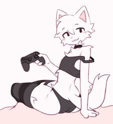 1boy animal_ears back black_choker black_clothing black_crop_top black_eyes black_legwear black_panties black_pupils black_thighhighs black_topwear black_underwear blush_lines boykisser cat_ears choker controller crop_top ear ears_pointy flat_chest flat_chested fluffy fluffy_ears fluffy_hair fluffy_tail fur furry furry_male furry_only hips hips_wider_than_shoulders holding_object legwear lewd_expression looking_at_viewer looking_back panties playstation pointy_ears shoulders silly_cat_(mauzymice) simple_background sitting slim_waist smiling smiling_at_viewer striped_legwear sufness tail thick_thighs thighhighs thighs thin_arms thin_waist white_body white_fur white_hair wide_hips wide_thighs