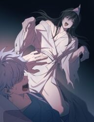 2boys black_hair diaoyemao gay ghost_boy ghost_costume gintama gintoki_sakata imminent_sex katsura_kotarou kimono long-haired_male long_hair male male_only nervous on_back on_bed pale-skinned_male pale_skin sitting_on_person smile straddling surprised sweat tongue_out yaoi