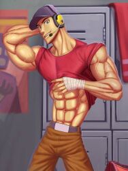 biribeast_(artist) buff burly lifted_shirt locker_room meme muscular oiled_up red_shirt scout_(team_fortress_2) solo_male tagme team_fortress_2 tick_tock_meme unrealistic_proportions younger_male