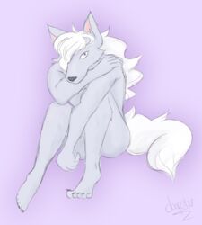 barefoot doopcity gradient_background hair hair_over_eye male male_only nude pretty_cure purple_background purple_iris simple_background sitting wolfrun