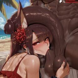 1boy abs ai_generated akagi_(azur_lane) akagi_(paradise_amaryllis)_(azur_lane) animal_ear_fluff animal_ears azur_lane bare_shoulders beach bikini black_scrunchie blue_sky blush breasts brown_hair caressing_testicles clothed_female_nude_male clothing dark-skinned_male dark_skin day duxvector erection eyeliner eyeshadow fellatio female flower fox_ears fox_girl hair_flower hair_ornament huge_cock interracial large_breasts large_penis large_testicles lips lipstick lipstick_mark long_hair looking_at_viewer makeup male muscular muscular_male nail_polish nude ocean official_alternate_costume oral outdoors palm_tree patreon_username penis penis_on_face ponytail precum precum_drip red_bikini red_eyes red_eyeshadow red_flower red_lips red_nails saliva saliva_drip sand scrunchie shore sitting sky solo_focus spider_lily straight sweat swimsuit testicle_sucking testicles tree veins veiny_penis very_dark_skin wrist_scrunchie