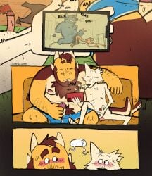 2025 anal anal_sex anthro balls beard bed blush canid circumcised clothed clothing comic devi1s_dozen dragon duo ear_piercing electronics eye_contact facial_hair foreskin furniture genitals group_masturbation hi_res horn humanoid_genitalia humanoid_penis looking_at_another looking_at_porn male male/male mammal masturbation missing_ear mythological_creature mythological_scalie mythology note_raygun nude overweight overweight_anthro overweight_male penetration penis phone piercing pornography pubes question_mark scalie signature sitting size_difference smaller_penetrated sofa speech_bubble tail tail_motion tailwag underwear underwear_only