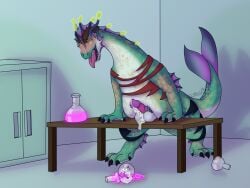 ahe_gao anthro aquatic_dragon bent_over_table bioluminescence blush bodily_fluids broken_glass clothing cum cum_on_penis cum_on_table dragon feral furniture genital_fluids genitals glass glowing glowing_eyes growth hi_res human laboratory looking_pleasured male mammal marine mythological_creature mythological_scalie mythology orangestheasd penis scalie science size_transformation solo species_transformation table tongue torn_clothing transformation